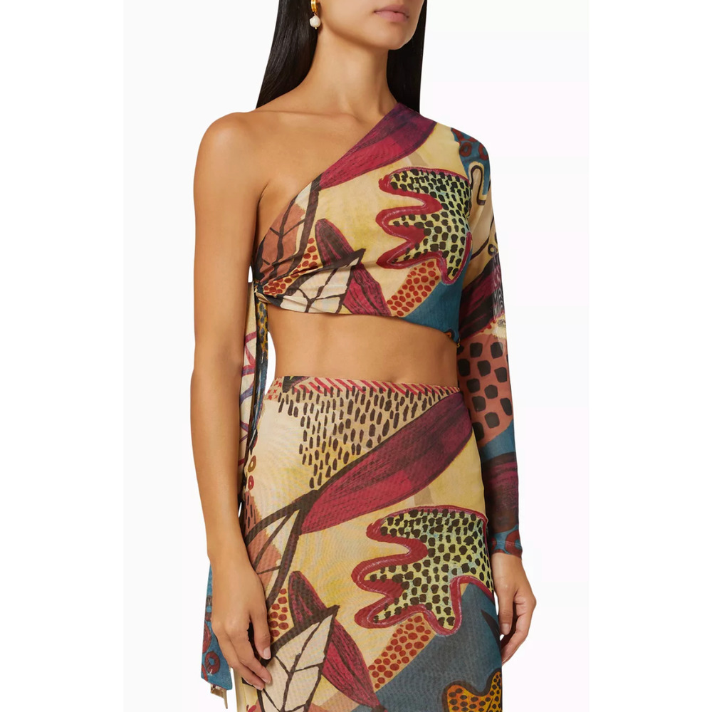 REVOLVE Alexis Womens Mesh Top Medium One Shoulder Crop Abstract Art Girl Y2K